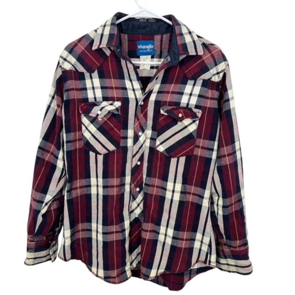Wrangler Western Mens Plaid Long Sleeve Shacket Snap Front Burgundy Blue Cream